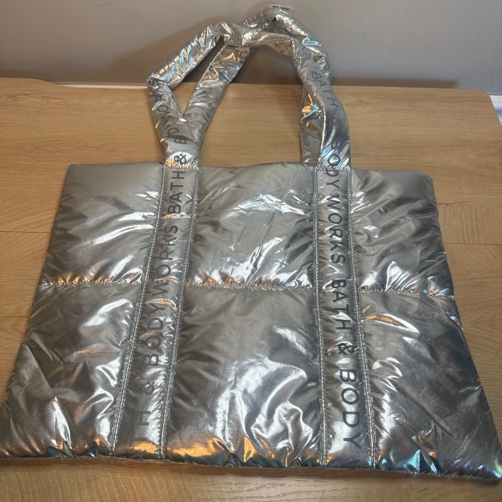 Bath & Body Works Silver Metallic Puffer Tote Bag Quilted Logo Straps Large